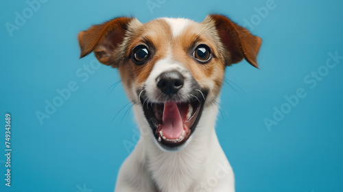 Surprised dog puppy expressing a funny reaction, isolated on a blue background. © Huseyn