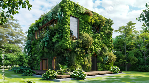 A house with a green roof is designed by architect, generative ai