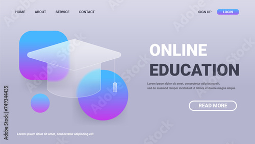 Glass morphism style education service landing page. Glass graduation vector illustration