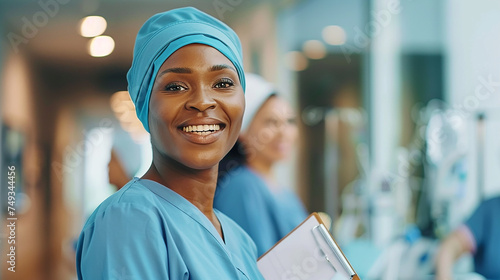 
Enfermeiras Unidas, Promovendo a Diversidade e Promovendo o Empoderamento Inclusivo das Mulheres no Local de Trabalho, contexto hospitalar desfocado photo