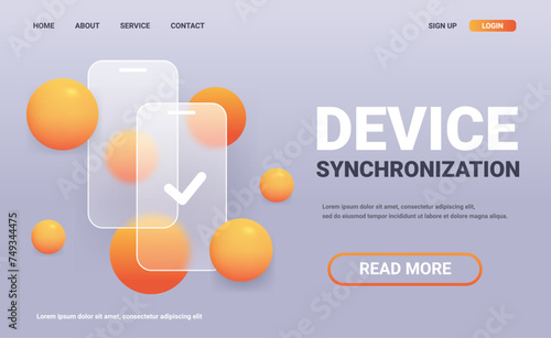 Online synchronization horizontal landing page. Glass morphism service vector illustration