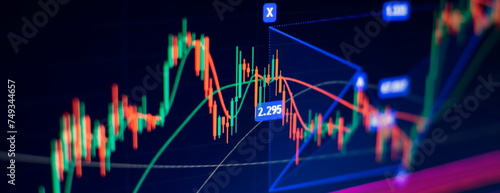 Investment, trade, stock, finance and analysis concept. Business graph charts of financial board display candlestick double exposure