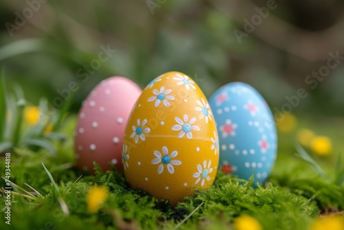 Three colorful hand-painted Easter eggs lie on the grass with flowers. Blurred background. Easter card or banner concept. Copy space for text.