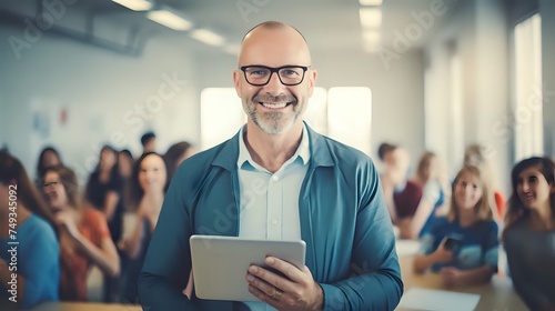 Confident male teacher holding a tablet in a classroom