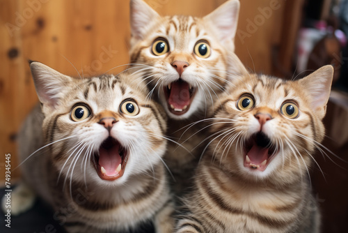 Trio of Astonishment: Three Amazed Cats with Wide-Eyed Wonder