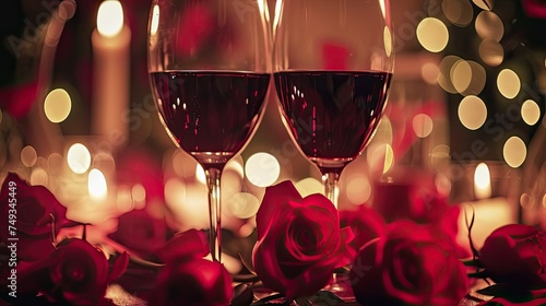 In this mesmerizing frame, a bouquet of roses blooms beside a glass of deep red, reminiscent of love's intoxication.