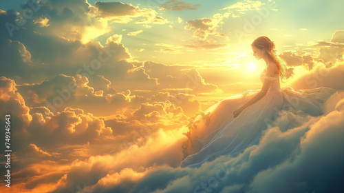 A woman sits among the clouds, consciousness, and openness concept