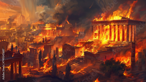 An ancient Greek or Roman city burns concept © Rajko