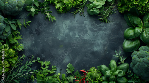 Top view of fresh plants and herbs on black background