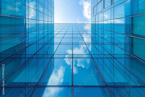 Bottom-up perspective view of modern office building with glass walls against the blue sky. The sky and light clouds are reflected in the mirror surface of a commercial skyscraper.