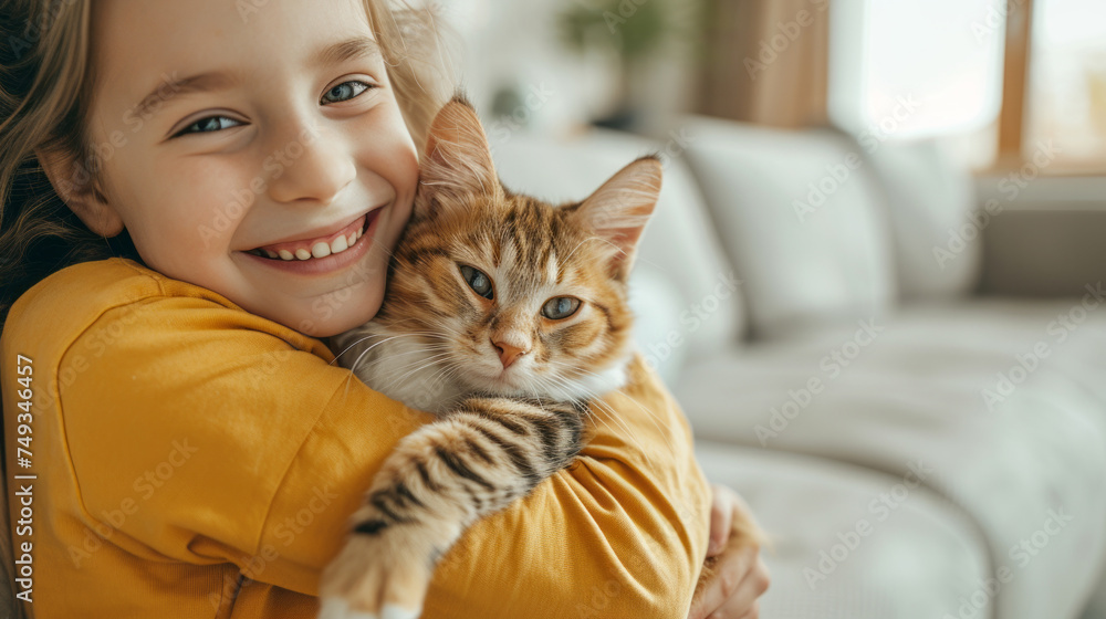 Little happy girl tenderly hugs her cat tightly in a bright spacious living room. Friendship concept between humans and animals Little happy girl tenderly hugs her cat tightly in a bright spacious living room. Friendship concept between humans and animals