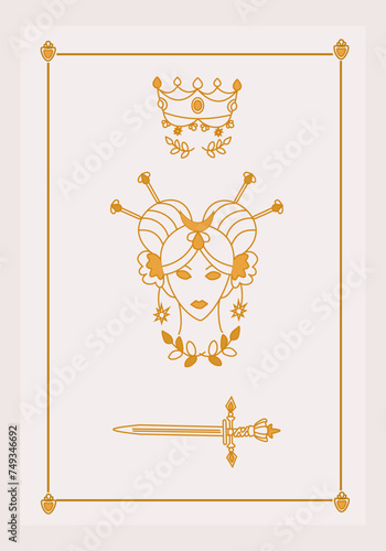 Esoteric poster Girl with magical amulets, crown and branches, golden sword on white background Boho style vector outline illustration.