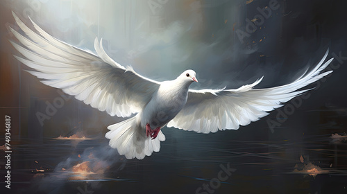 White dove pigeon bird fly flapping their wings in the wild as a symbol of freedom and peace created with Generative AI Technology
