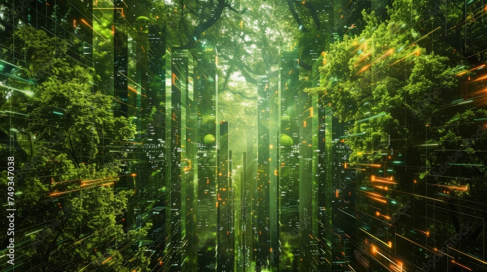Fototapeta premium Digital Forest Fusion with Futuristic Cityscape 