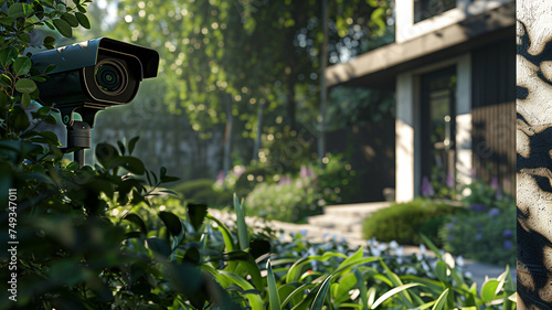 A CCTV security camera in front garden, capturing a vigilant watch over its surroundings, symbolizing surveillance and security measures