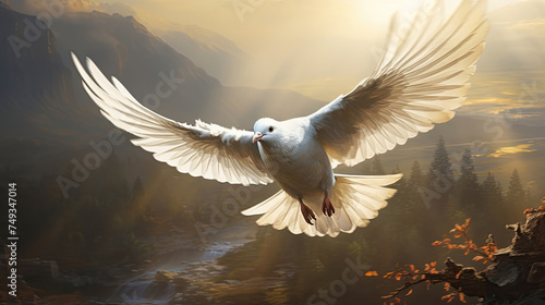 White dove pigeon bird fly flapping their wings in the wild as a symbol of freedom and peace created with Generative AI Technology