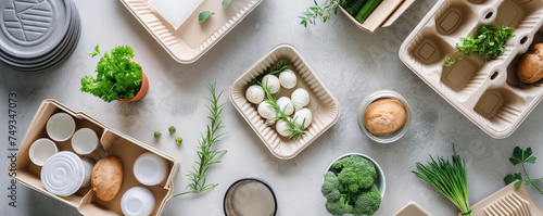 A biodegradable and compostable packaging solution for food products made from sustainable materials such as plant-based plastics or recycled paper photo