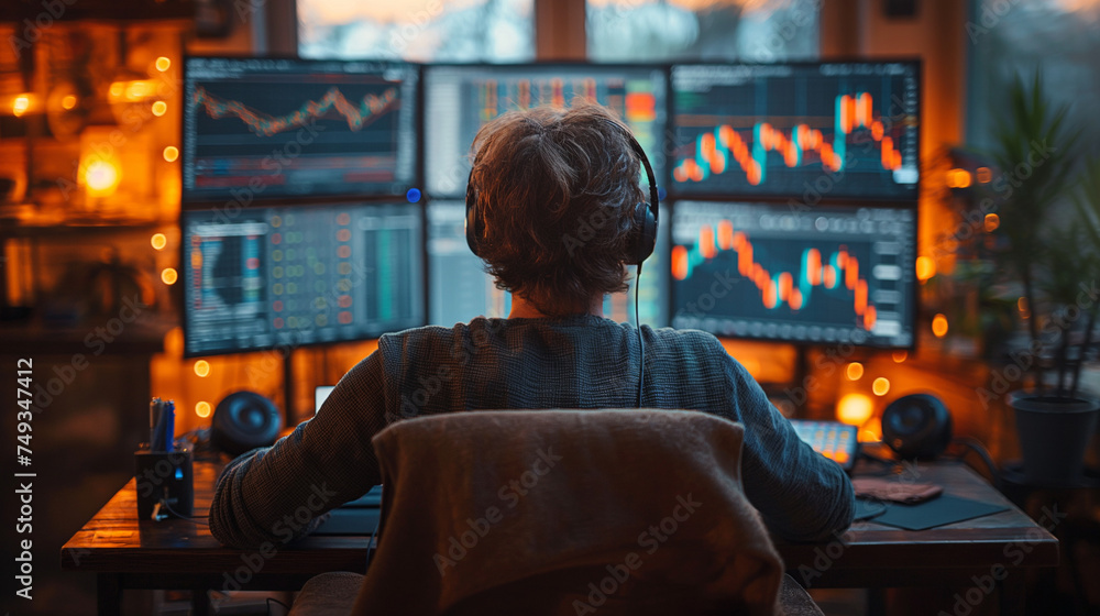 Konzentrierte Analyse: Trader bei der Arbeit an einem Mehrbildschirm-Handelsplatz Konzentrierte Analyse: Trader bei der Arbeit an einem Mehrbildschirm-Handelsplatz