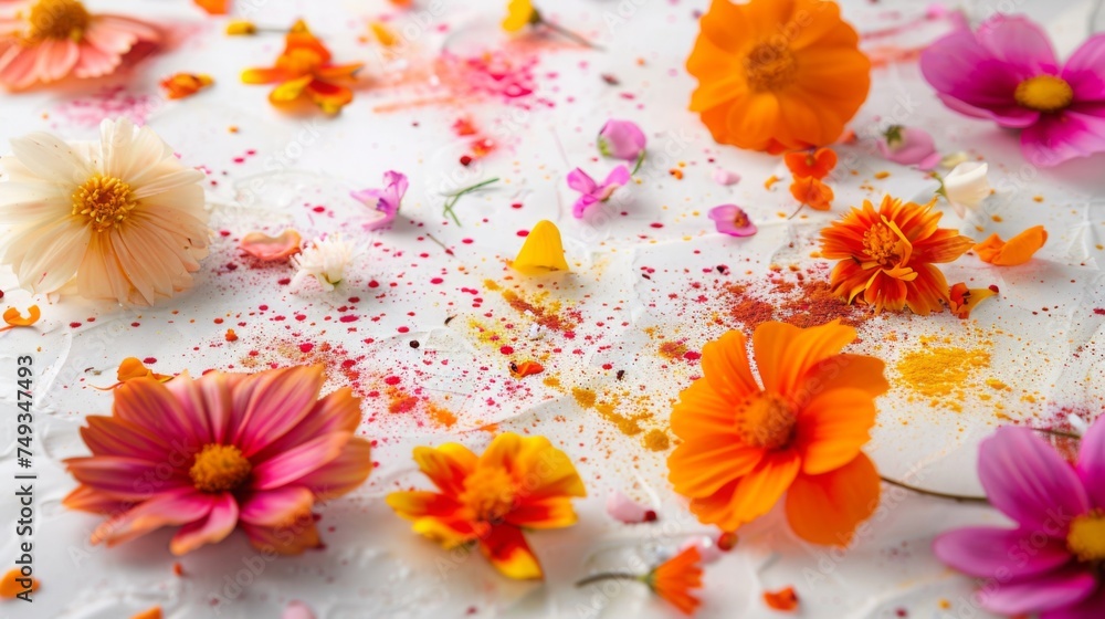 holi themed floor floral designs with colored powder background