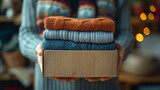 Frau bereitet Kleidung für Spende vor: Stapel von warmen Pullovern in einer Pappschachtel
