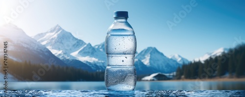 Recycled plastic bottle with clear mountain water in nature, winter season, banner. Generative Ai.