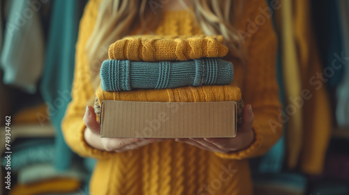 Frau bereitet Kleidung für Spende vor: Stapel von warmen Pullovern in einer Pappschachtel