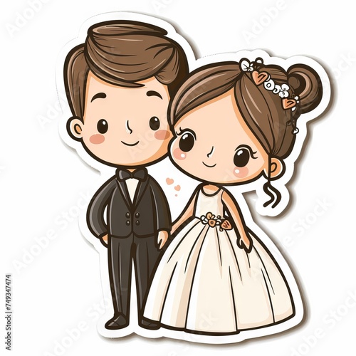 cute little wedding couples with greeting text sticker   ai generated  