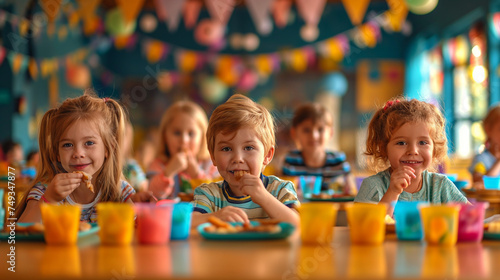 Mittagspause in der Schule: Lächelnde Kinder genießen gemeinsam das Essen