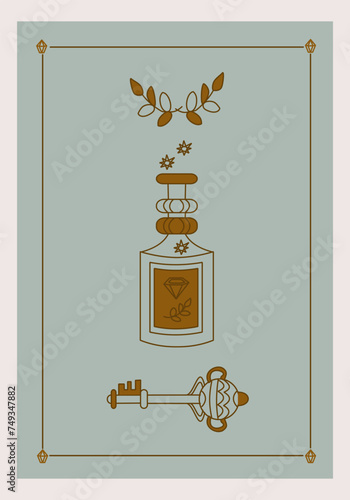 Esoteric poster Magical poison with diamond, fantasy key and branches on green background Boho style vector outline illustration.