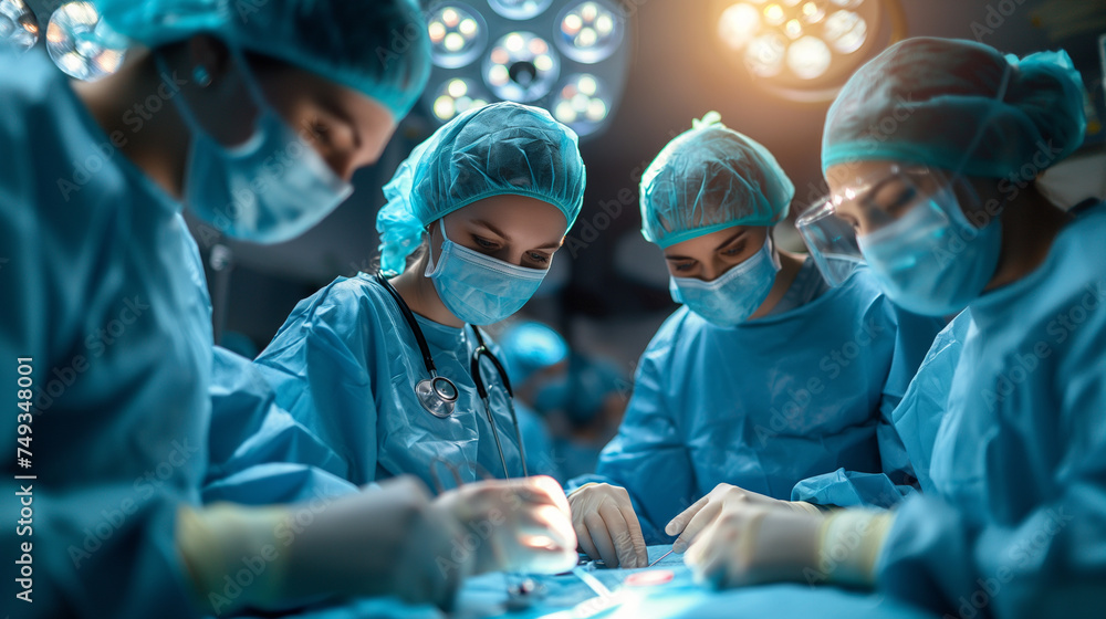 Fokussierte Chirurgin bei einer Operation mit ihrem Team im Operationssaal - obrazy, fototapety, plakaty 