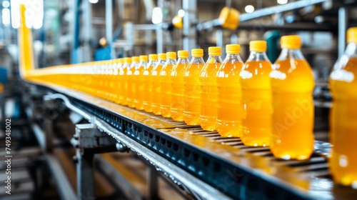 Production and bottling of juice in a bottled juice production plant. Conveyor with bottles. 
