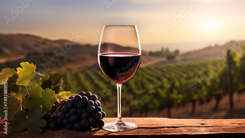 a glass of red wine with vineyard background at sunrise