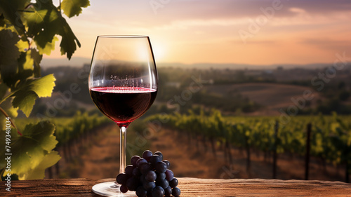 a glass of red wine with vineyard background at sunrise