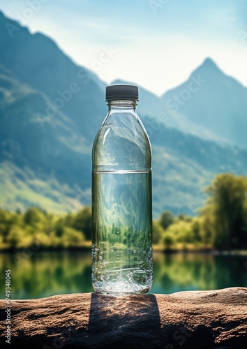 Recycled botltle in green healthy nature, summer hot season,, drink more water concept. Generative Ai.