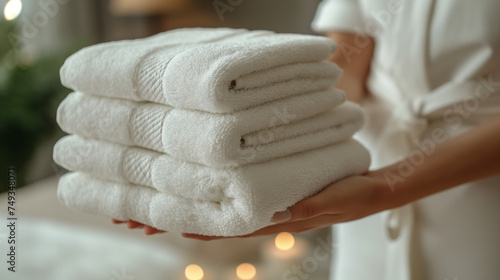 Zimmermädchen im Wellnesshotel präsentiert frische, weiße Handtücher photo