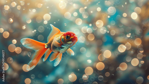 A goldfish gracefully swims in a fish tank, surrounded by a mesmerizing bokeh background photo