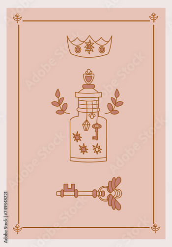 Esoteric poster Magical poison with stars, golden key with wings and crown with gem on pink background. Boho style vector outline illustration.