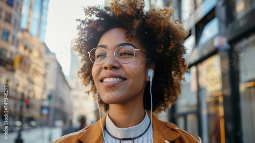 A happy woman looking sideways with a joyful expression, enjoys listening to music with earphones in the bustling city, immersing herself in the rhythm of urban life photo