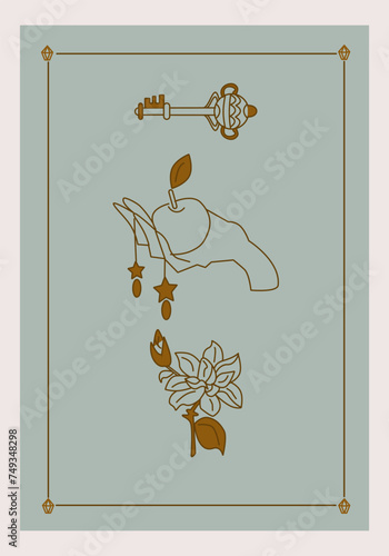 Esoteric poster Hand holding an apple, mystic golden flower and magical fantasy key on green background Boho style vector outline illustration.