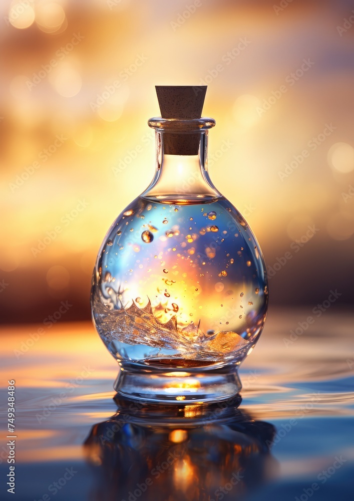 Small glass bottle of perfume with sunset colorful light. Generative Ai. Small glass bottle of perfume with sunset colorful light. Generative Ai.