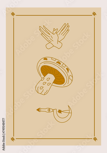 Esoteric poster Magic spotted mushroom, druid sickle and branch, two hands on beige background Boho style vector outline illustration.