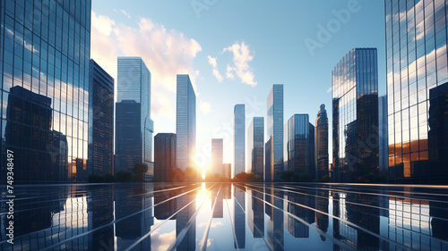 Reflective skyscraper business office buildings