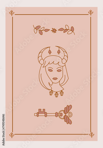 Esoteric poster Girl with horns and bells, golden key with wings and branch on pink background Boho style vector outline illustration.