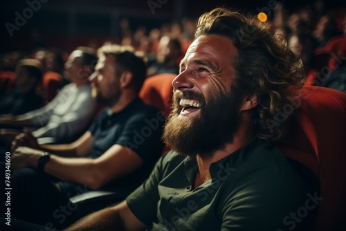 group of diverse friends laughing while watching a movie in the cinema