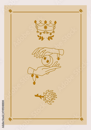 Esoteric poster Protection hands holding moon and stars, mystic prickly flower and crown on beige background. Boho style vector outline illustration.