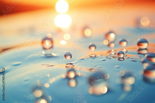 Close up view of splash in clear healthy water from mountains with sunset light. Generative Ai.