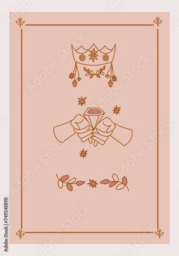 Esoteric poster Two hands holding diamond, crown and branch on pink background Boho style vector outline illustration.