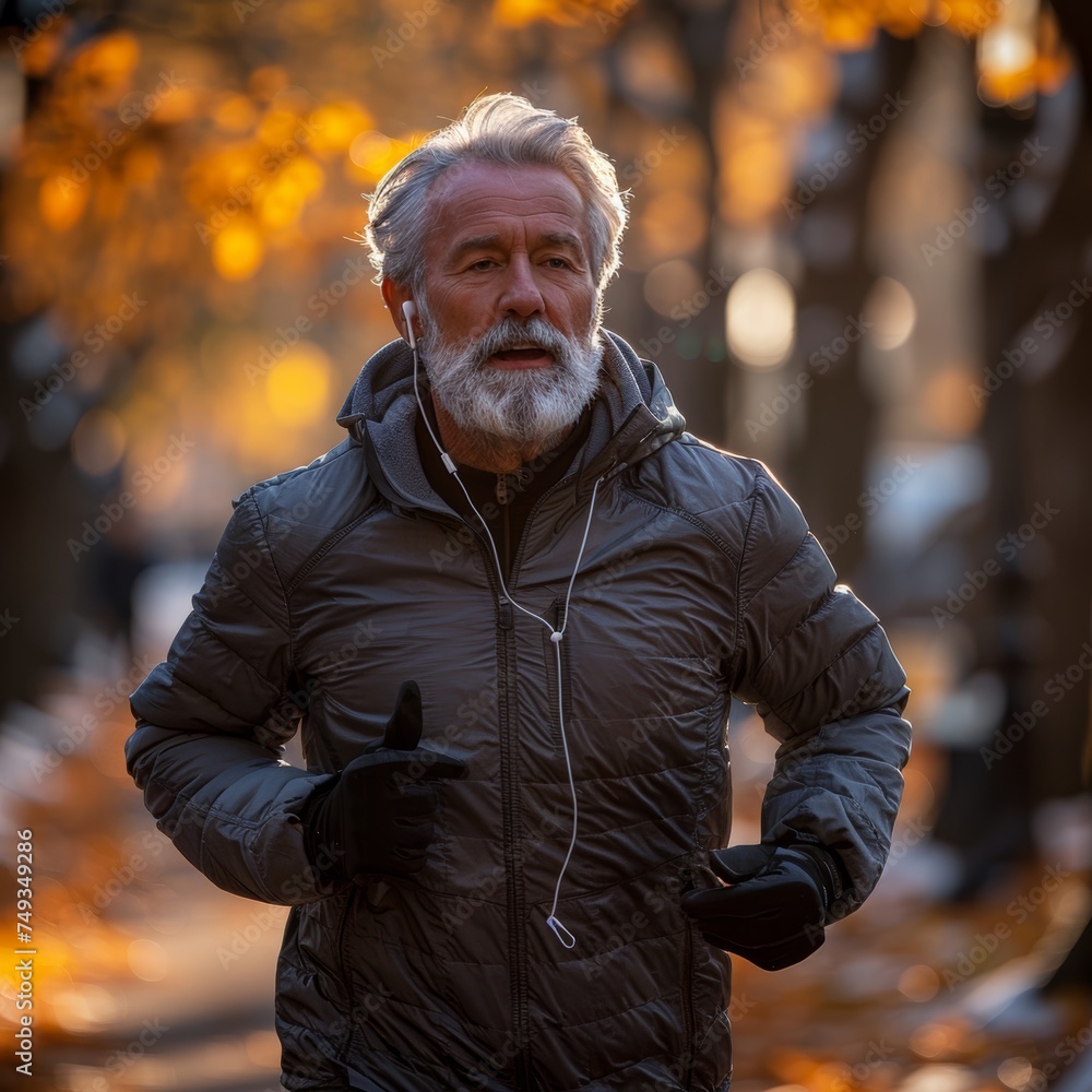 Golden hour vigor, senior man healthy run through autumn park Golden hour vigor, senior man healthy run through autumn park