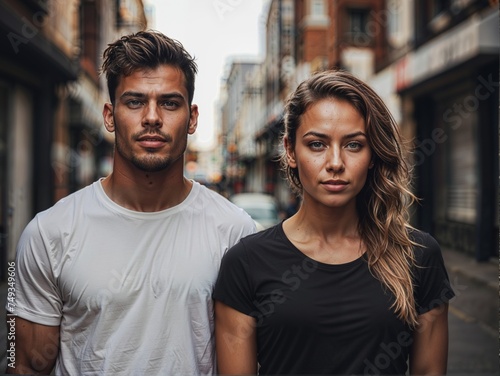 A fitness couple in black sportswear posing on the street. Mockup concept design.