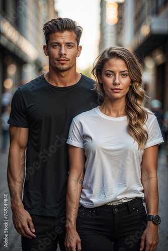 A handsome young man with a black T-shirt and a beautiful woman with a black T-shirt is looking at the camera while standing on a city street. Mockup design concept © i7 Goraya